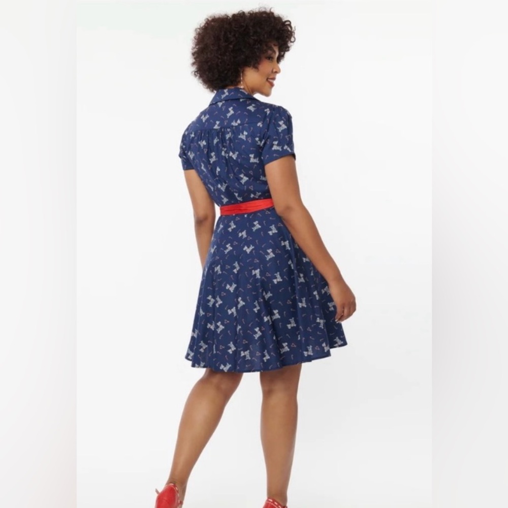 🦋B2G1🦋UNIQUE VINTAGE Blue Dog & Candy Cane Wrap Dress NWT - Picture 7 of 10